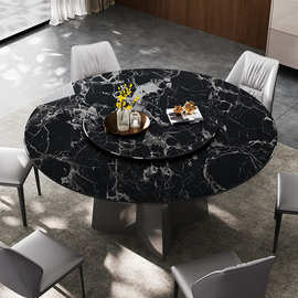 天然大理石圆餐桌高端黑玫瑰进口奢石现代简约家用高级感别墅餐桌