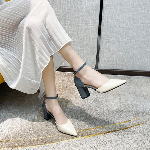 Baotou Women's Fashion Sandals, Spring and Autumn, Versatile Medium Heel, Thick Heel, Pointed Toe High Heels