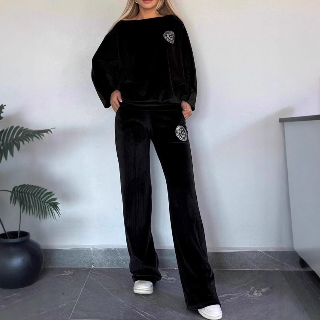 Abbigliamento da donna Primavera e autunno Velluto dorato tinta unita girocollo manica a pipistrello casual due pezzi vestito per le donne_voghion.com