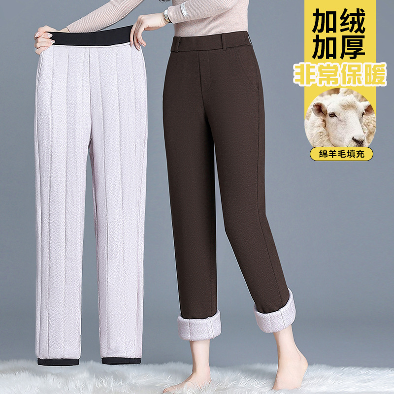 冬季新款女士羊毛外穿棉裤女妈妈宽松保暖弹力直筒松紧腰显瘦长裤