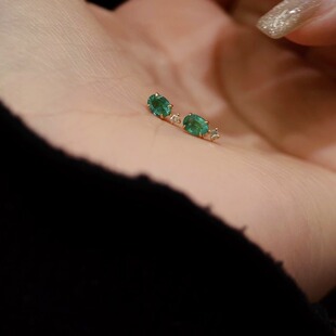 18K Gold Color Treasure Finished Oval Emerald Stud Earrings Color Rich E 0.55Ct D 0.05Ct