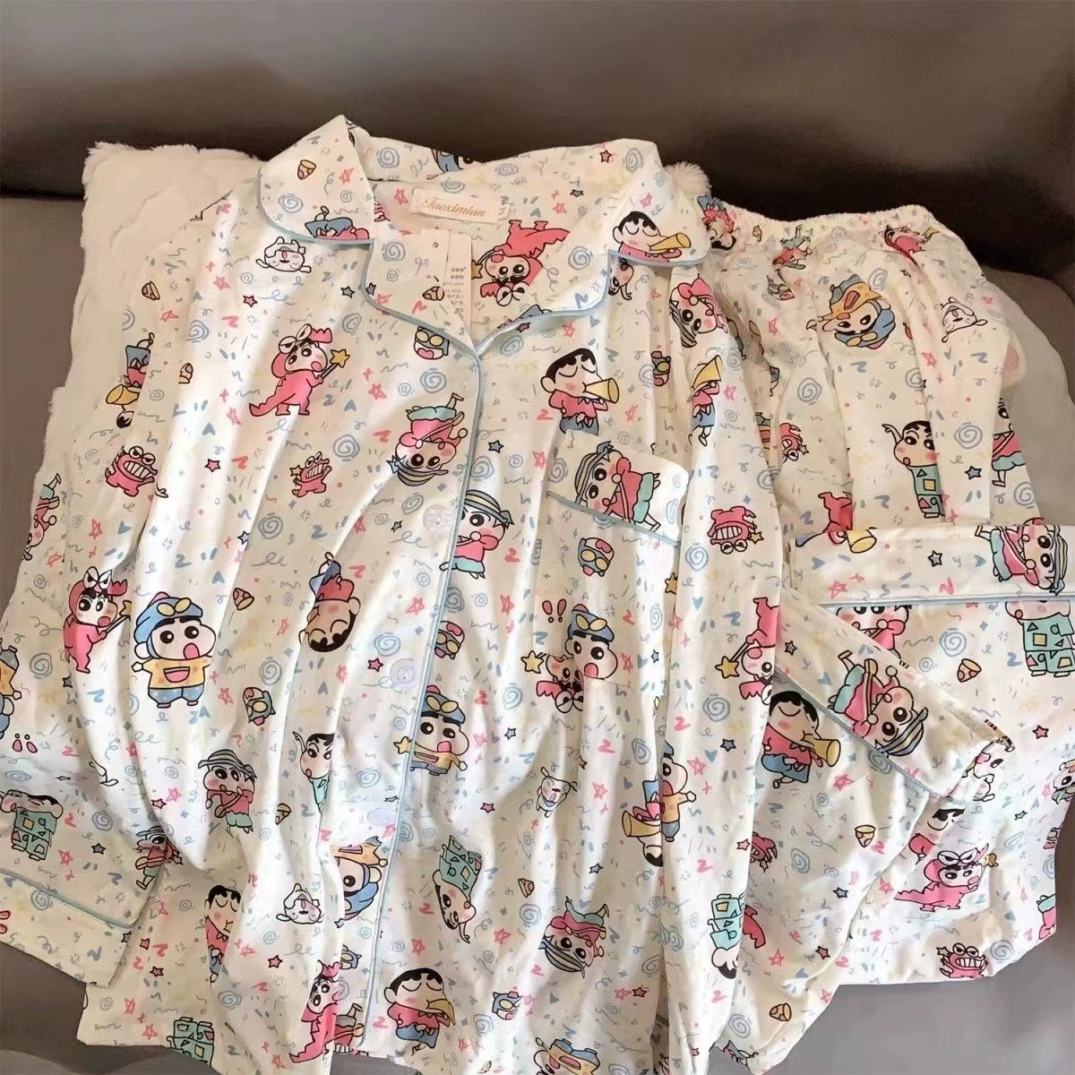 Весенне-осенние женские пижамы с длинными рукавами, хлопчатобумажная морщинистая ткань, милый комплект в стиле принцессы в японском стиле, небольшой свежий комплект домашней одежды