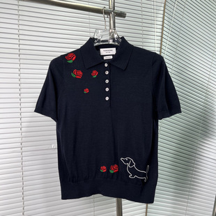 Tb Factory Direct High-Quality Summer Short-Sleeved Embroidered Rose Women's Ice Silk Women's Lapel Polo Shirt Top