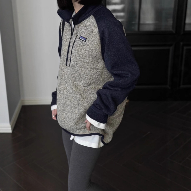 Cross-Border Supply Pata Half-Zip Fleece Color-Block Raglan Sleeve Pullover Sweatshirt Couple Style Middle Layer Winter Cross-Border Supply Pata Half-Zip Fleece Color-Block Raglan Sleeve Pullover Sweatshirt Couple Style Middle Layer Winter