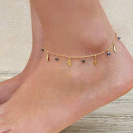欧美外贸饰品 夏季流行女士脚饰 简约精致蓝水晶合金树叶吊坠脚链