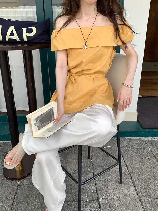フリル付きワンラインネックオフショルダー美しいブラウス2025夏新作優しい雰囲気のリネンシャツトップス|undefined
