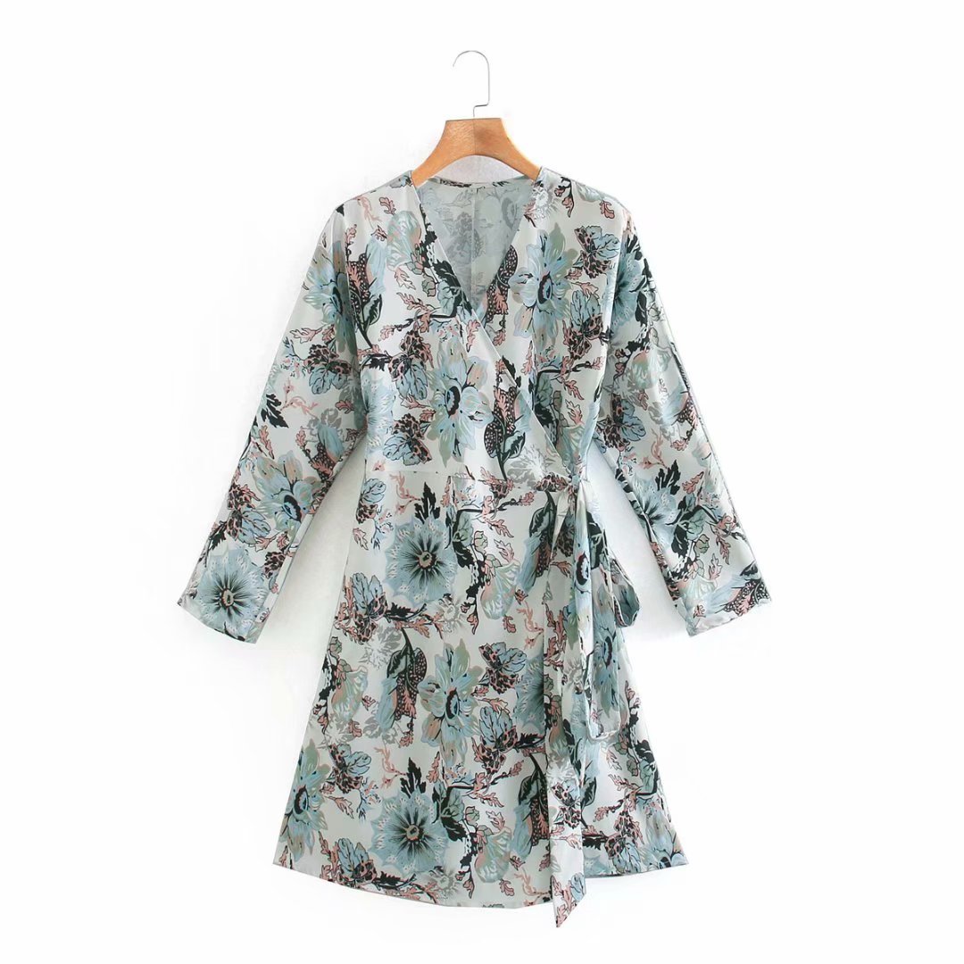 fashion printing V-neck tie-up dress  NSAM32022