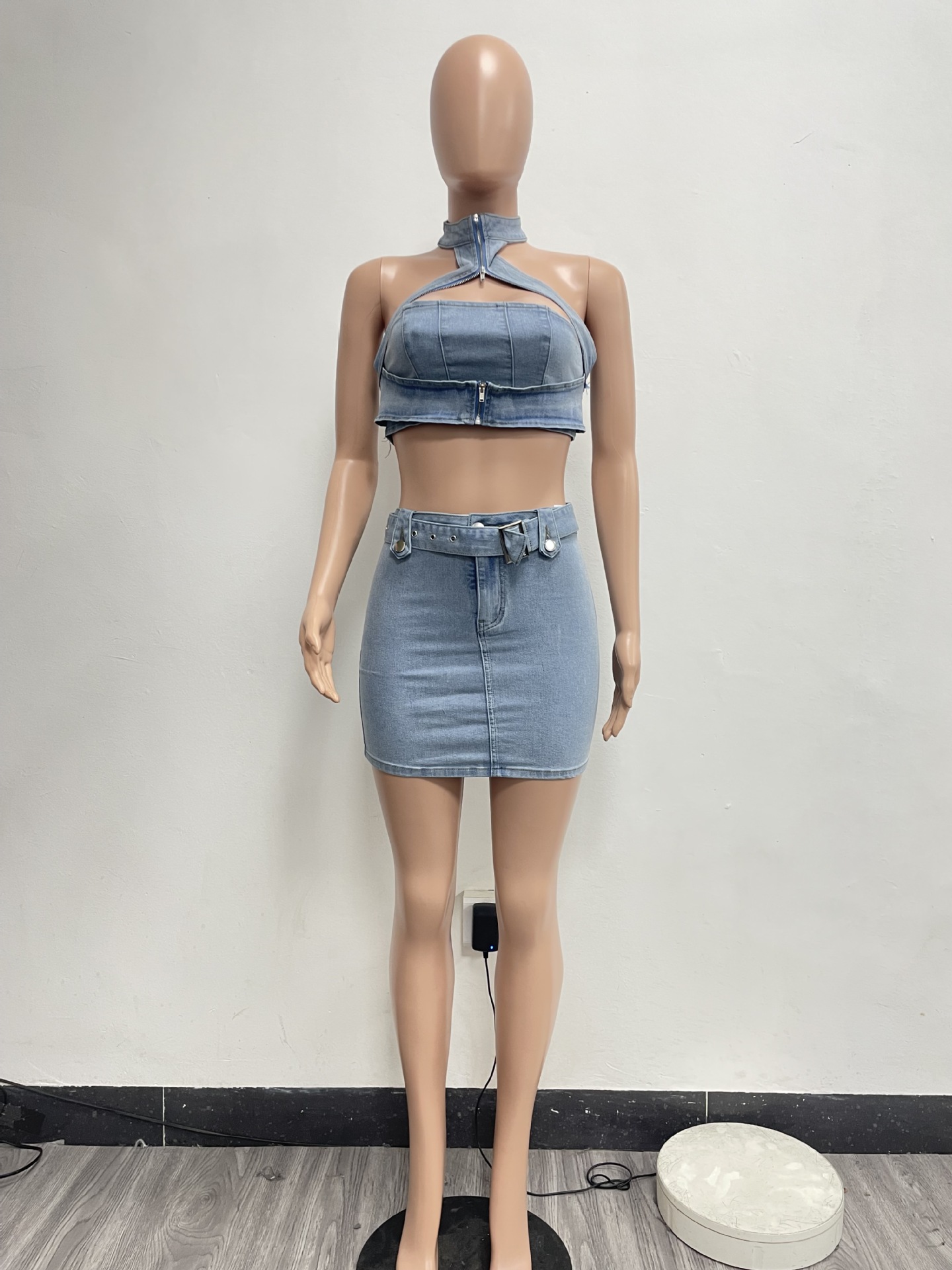 Washed Stretch Denim Halter Zipper Sexy Casual Skirt Set