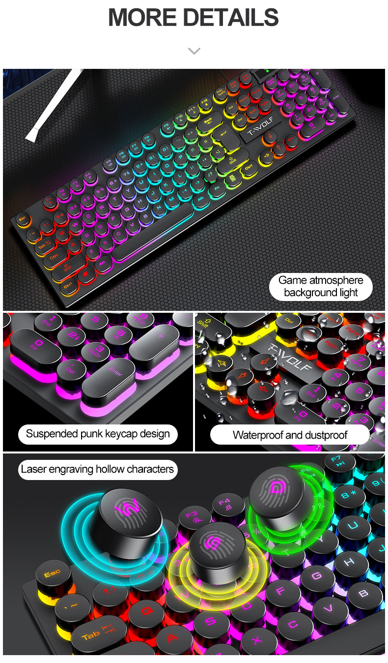 Tastatură luminoasă pentru laptop T-WOLF Thunderwolf T80, cu fir, pentru gaming, roz, punk, pentru birou_voghion.com