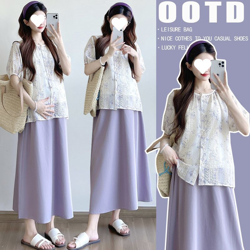 D6C Maternity Suit Summer Thin Short-Sleeved Floral Shirt Top French Gentle Style Skirt Two or Three Piece Set