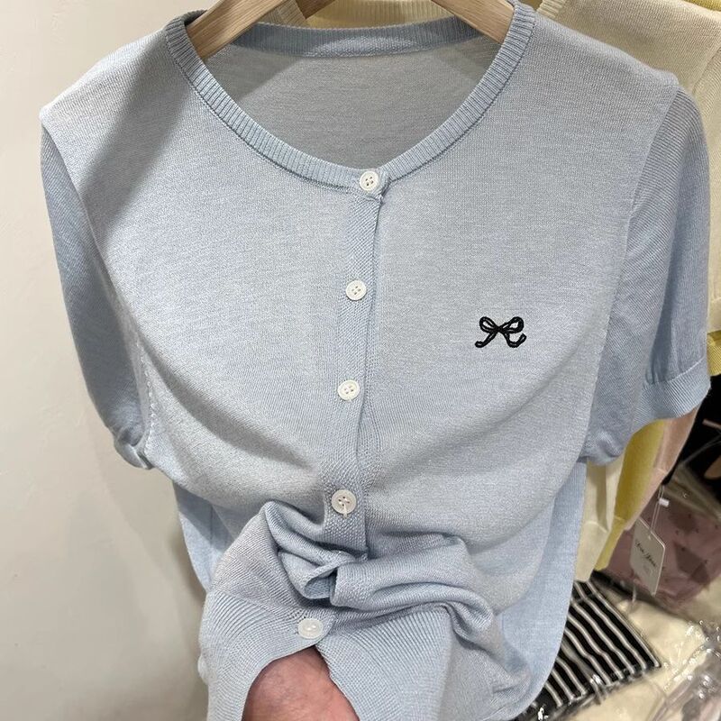 Bow Embroidered Knitted Short-sleeved Cardigan Thin Women's Summer Design Ice Silk Shoulder T-shirt Small Chanel Style Top