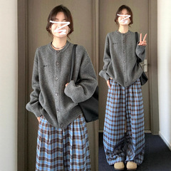 慵懒感灰色圆领毛衣外套女秋冬2025新款宽松休闲针织开衫上衣百搭