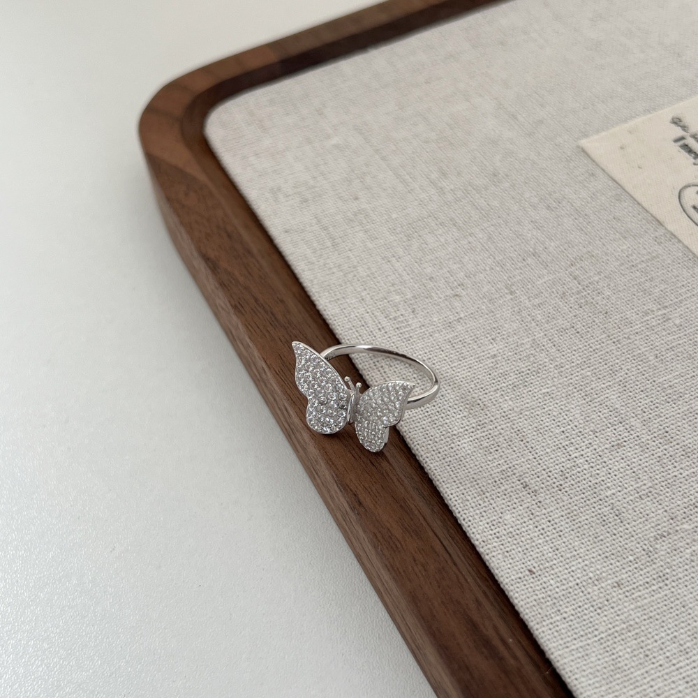 5g Weight Zircon Inlay Material Open Rings, Rings Classification 6, 9, Adjustable Ring Size 1 Piece Quantity Daily, Tea Party Occasion 925 Sterling Silver Material Butterfly Pattern Women's Gender Inlay Design Sweet, Shiny Style 925 Sterling Silver Zircon Butterfly Open Rings Rings 12