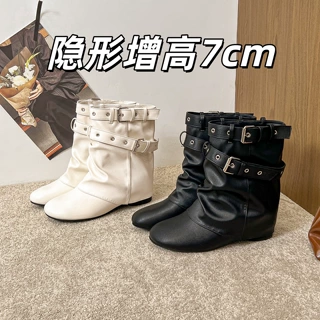 牛皮版~复古圆头裤管靴女2026秋冬新款设计感粗高跟皮带扣短靴子