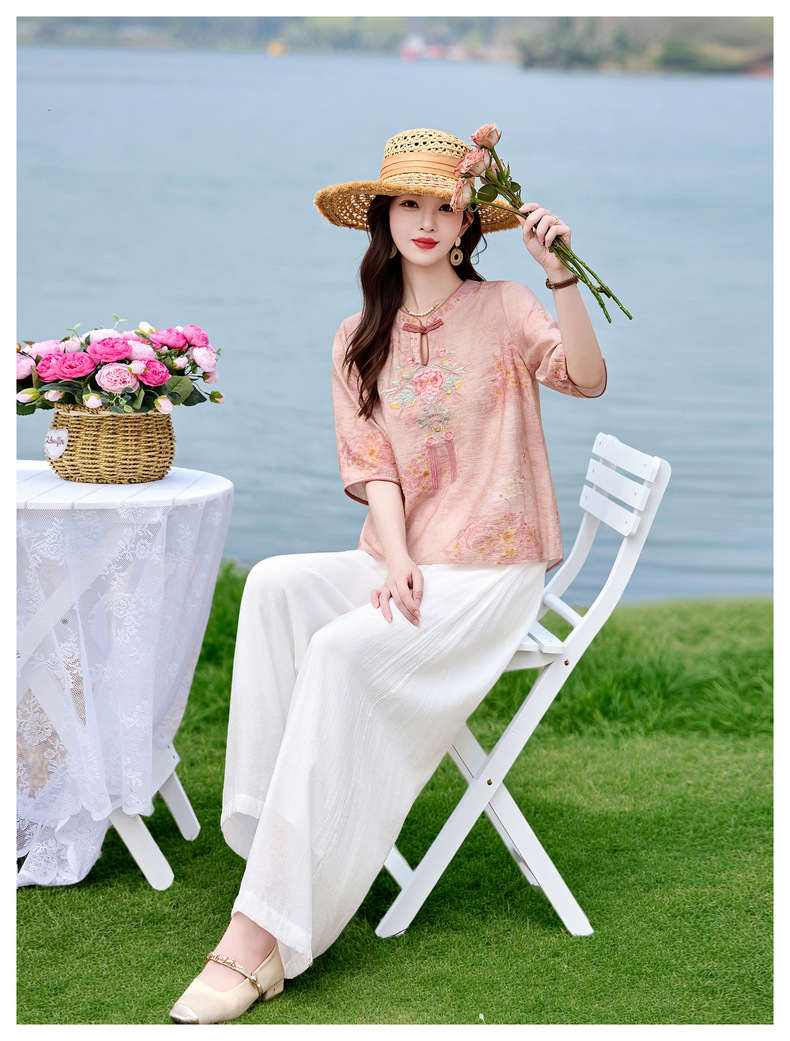 Bộ quần áo nữ hai mảnh sơ mi thêu họa tiết quốc phong kết hợp quần ống đứng MM6617 — xanh lam, Màu hồng chi tiết 18