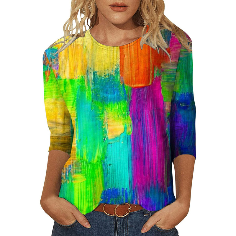 2024 Cross-Border Women's T-Shirt New Amazon Walmart Independent Station European and American Splash Ink Printing Three-Quarter Sleeves