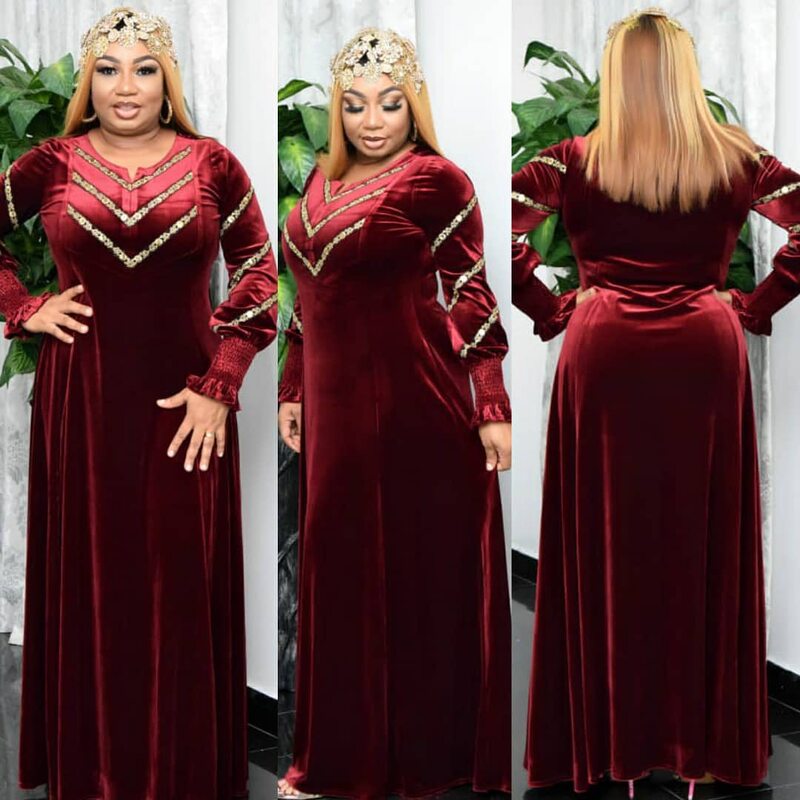 European and American African clothing dress gold velvet heavy industry hot drilling bubble beads temperament fashion stretch robe source in stock