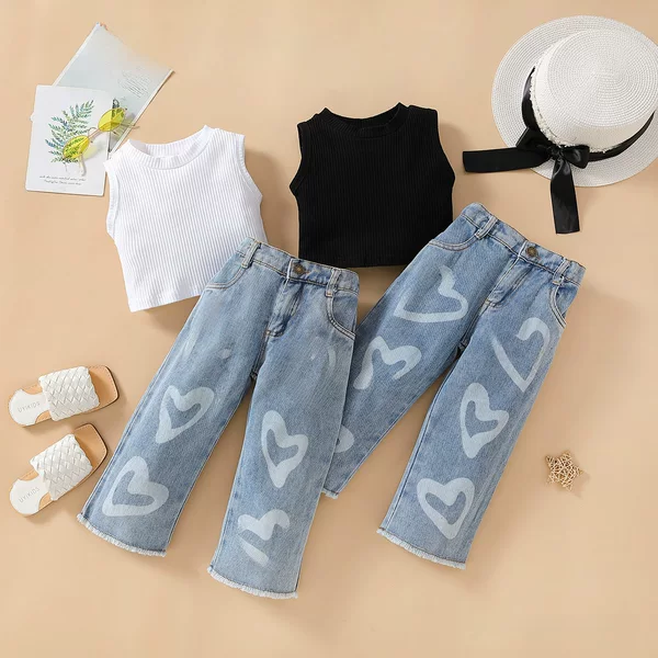 Cross-Border Children's Clothing European and American Fashion Summer Children's Solid Color Sleeveless Vest Plus Love Denim Wide Leg Pants Girls Suit