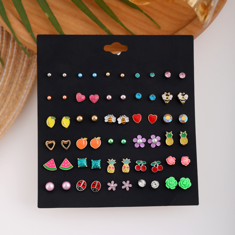 Cute Fruit Flower Bee Alloy Enamel Inlay Rhinestones Pearl Ear Studs 1 Set