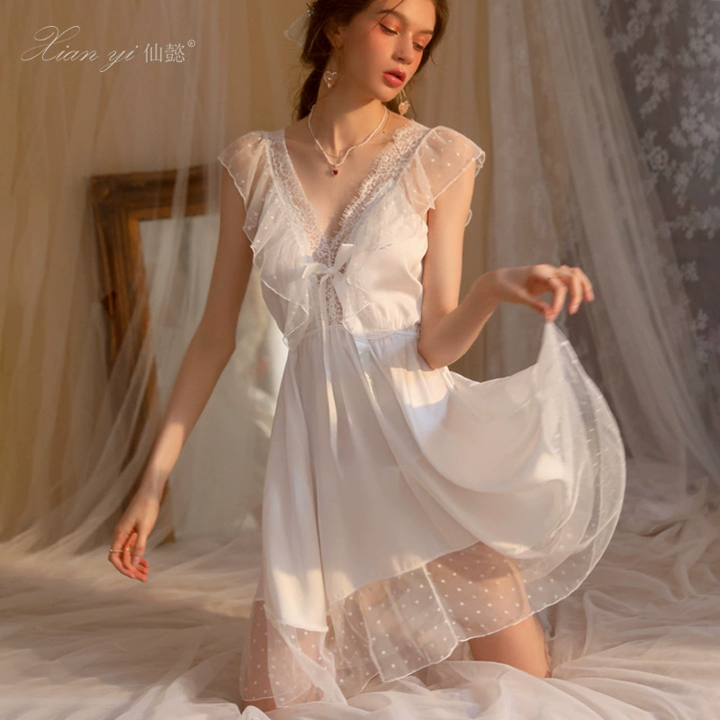 Xianyu Частная комната длинная пижама имитация шелка Чистый ветер ночная рубашка кружевная подтяжка женская домашняя одежда может носить на улице 472