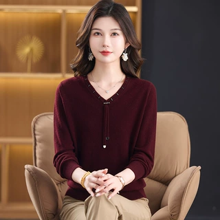 【100%纯羊毛】女装厚款妈妈毛衣打底衫上衣针织羊毛衫秋冬中老年