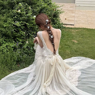 度假风白色蕾丝拼接吊带连衣裙女夏季性感大露背绑带气质仙女长裙