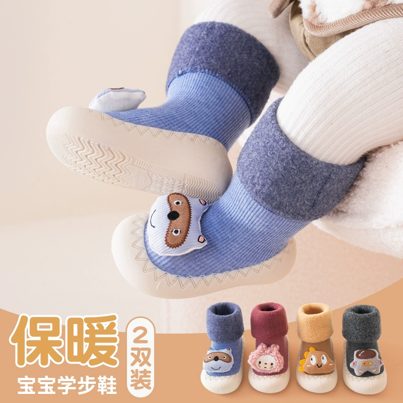 Детские ходунки плюс бархатные толстые осенние и зимние носки Детская обувь Один год 10 месяцев детская нескользящая напольная обувь