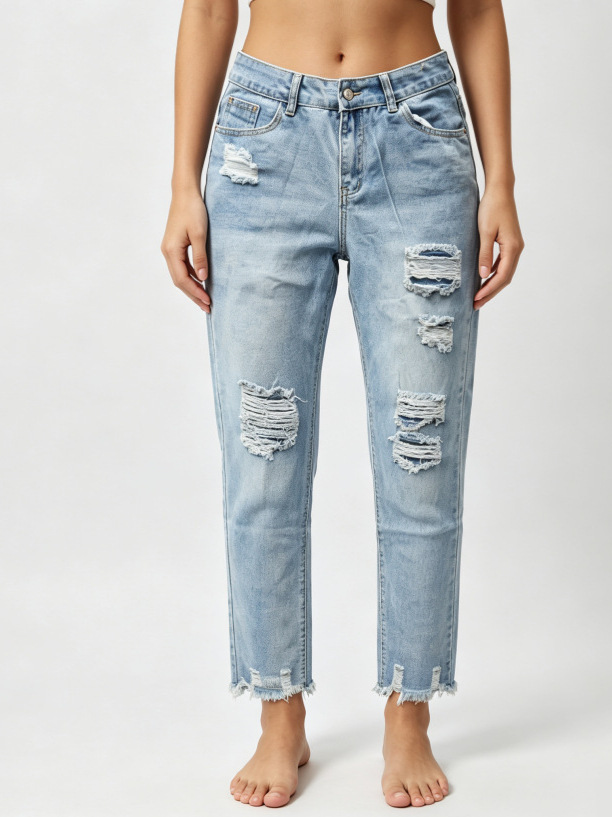 Jeans Rectos de Mezclilla para Mujer con Rotos y Borde Deshilachado Sin Elasticidad