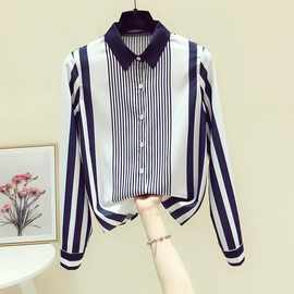 欧货2021春秋新款高端条纹拼接雪纺长袖衬衫女设计感小众百搭上衣