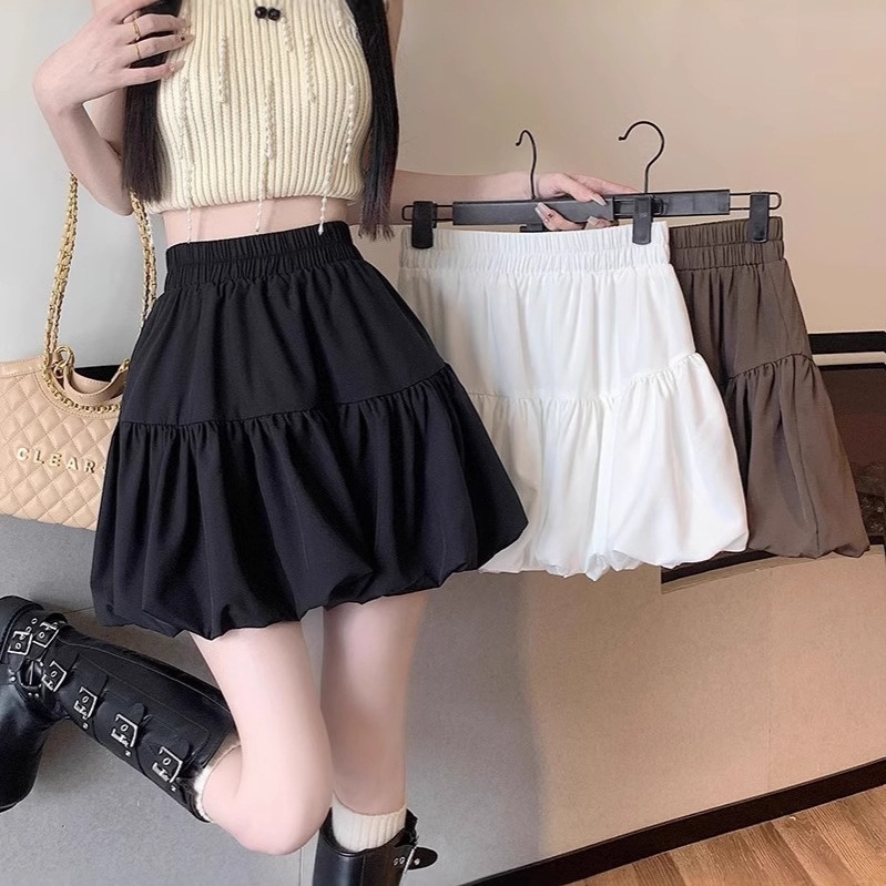小个子黑色花苞裙短裙女夏季百搭高腰显瘦a字褶皱蓬蓬半身裙外穿|undefined
