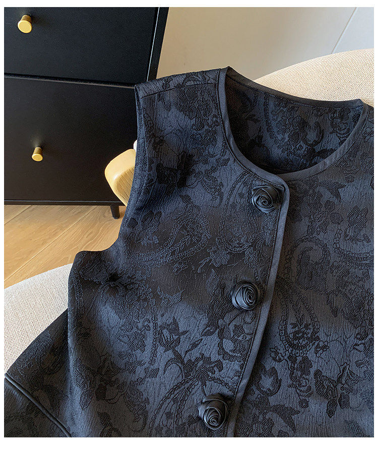 Áo ghi lê nữ dáng cardigan không tay họa tiết hoa jacquard, dài áo 50–65 cm — màu đen chi tiết 10