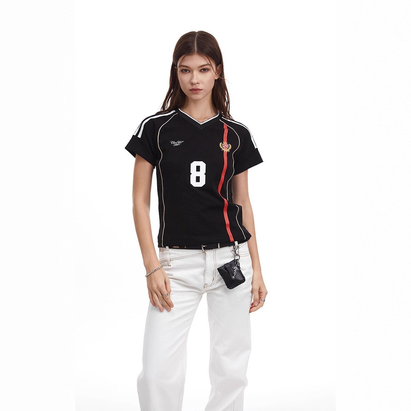New American Retro Jersey Short-Sleeve T-Shirt for Women, Jersey-Style Trendy Brand Striped V-Neck Sporty Versatile Hot Girl Top