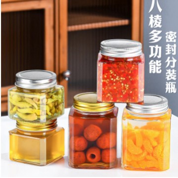 批发透明密封八棱蜂蜜瓶蓝莓果酱罐头瓶食品辣椒酱燕窝酱菜玻璃瓶