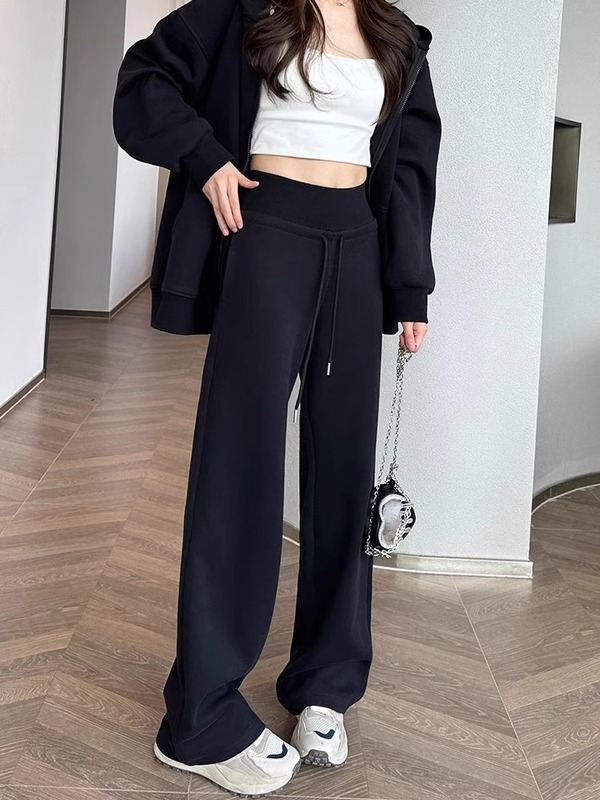 黑色运动裤子女2025新款女装直筒薄款高腰休闲慵懒宽松阔腿裤卫裤|undefined