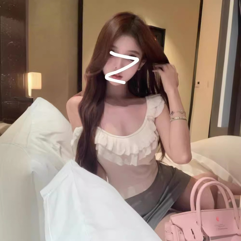 Elegant Ruffled Crewneck Small Flying Sleeve Knitted T-shirt Women's Summer Slim-fit Slimming Sweet Spice Chic Short Top