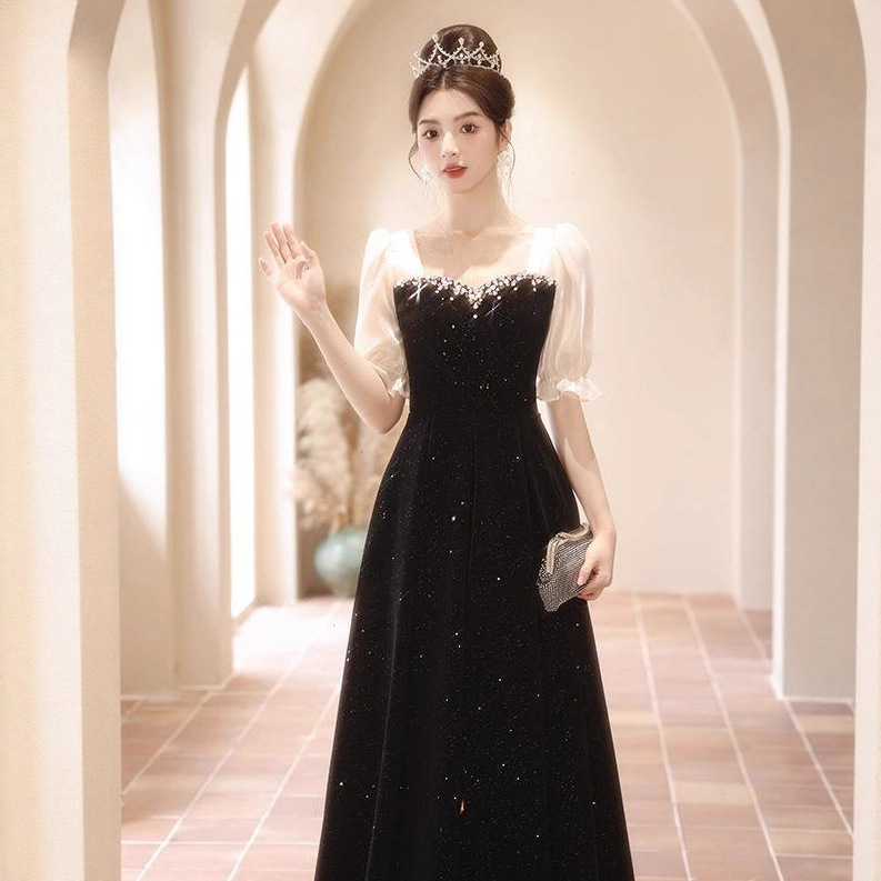 Student Art Exam Evening Dress, Birthday Party, Coming-Of-Age Ceremony, Piano and Violin Performance Dress, Elegant Square-Neck Host Long Dress