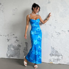 XY24160欧美风印花兜兜领吊带连衣裙 2025夏季新款气质收腰包臀裙