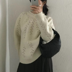 高级感韩系镂空卷边领套头毛衣女秋冬慵懒宽松减龄洋气针织衫上衣