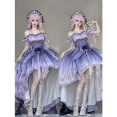 高贵优雅渐变紫lolita吊带连衣裙洋装花嫁洛丽塔前短后长公主裙