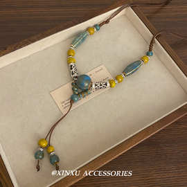 新中式民族风陶瓷串珠项链女国风长款毛衣链小众复古百搭锁骨链