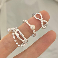 Sweet and Cool Pearl Ring for Women, Versatile and Fashionable, Stackable Personality Open Finger Ring, Knitted Cross Style, Internet Famous Trendy Ring for Index Finger