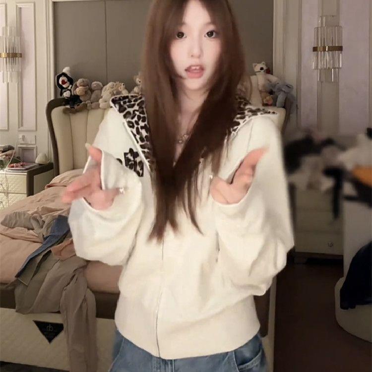 美式复古小恶魔豹纹连帽卫衣外套女秋季辣妹慵懒宽松运动上衣开衫|undefined
