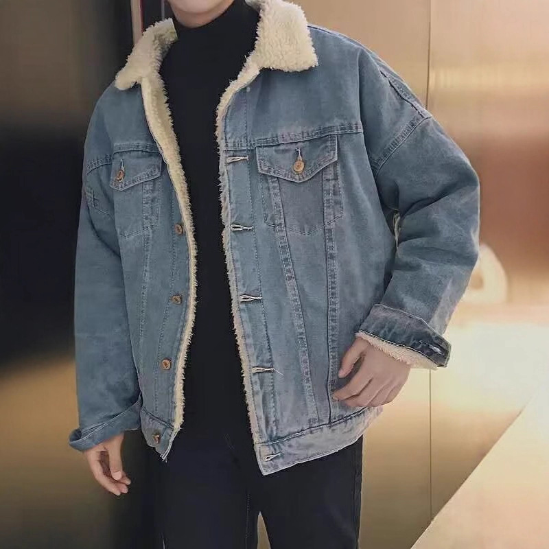 Winter Velvet Denim Jacket Men's Thickeneded Warm Cashmere Denim Jacket Autumn and Winter Loose Large Size Cotton Coat Trendy