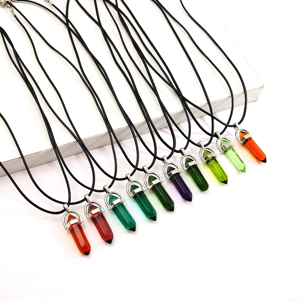 vintage fashion column leather rope chain crystal stone alloy necklace