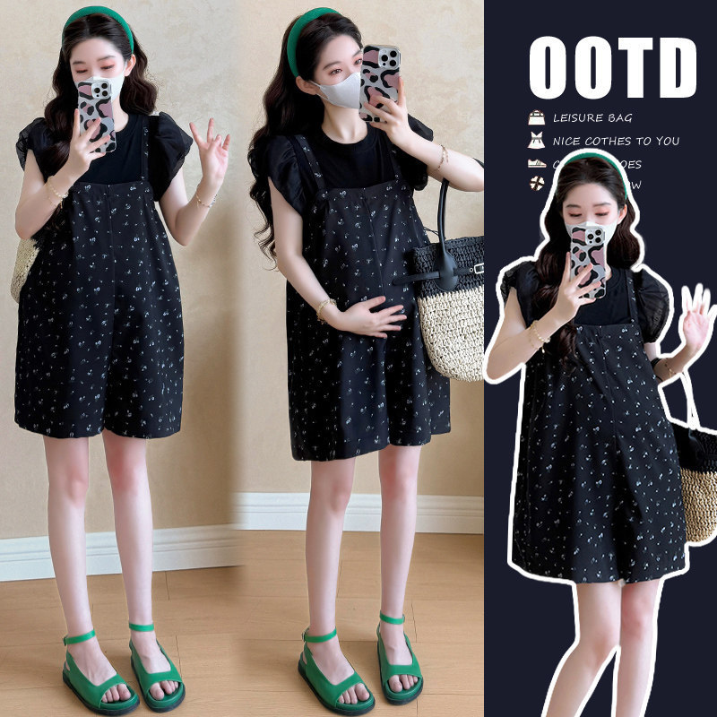 Maternity Overalls Summer New Style Petite Slimming Versatile Bubble Sleeve Top Maternity Two-Piece Set