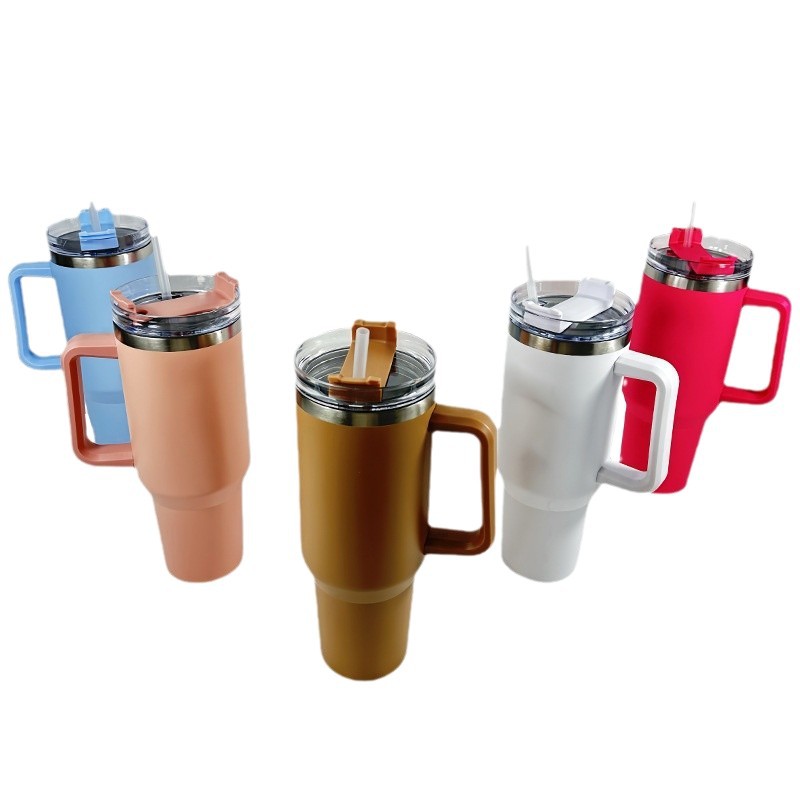 Taza de coche de acero inoxidable 304 nueva transfronteriza Taza de mango portátil de generación 40oz Taza de vacío de doble pajita