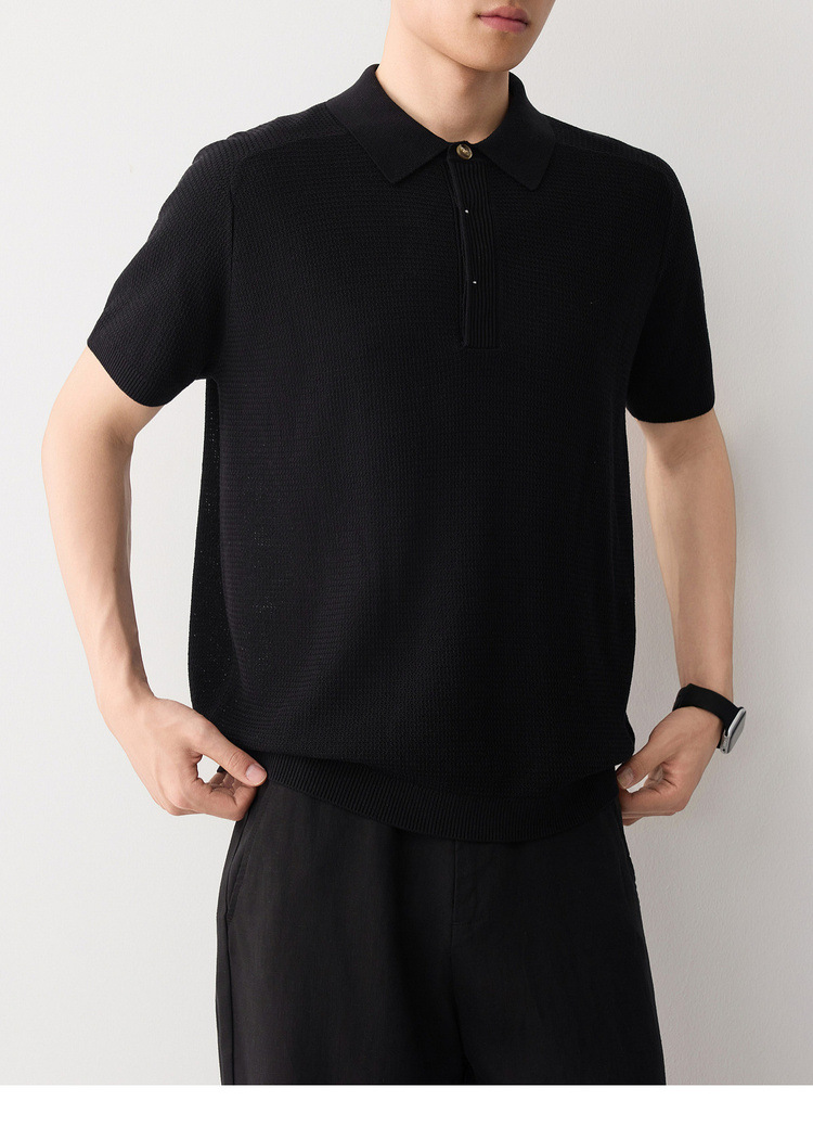 Áo polo nam tay ngắn phong cách cổ điển chất liệu linen pha — đen chi tiết 22