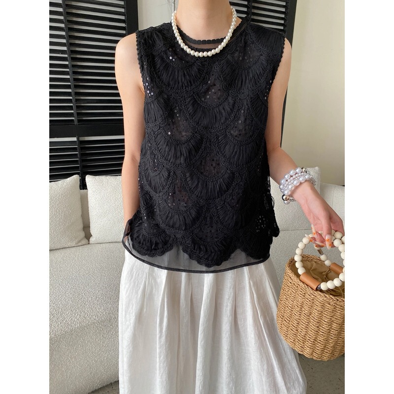 Sinan Elegant and Noble French-Style Sequined Crochet Mesh Patchwork Round-Neck Sleeveless Vest Shirt Sn8973