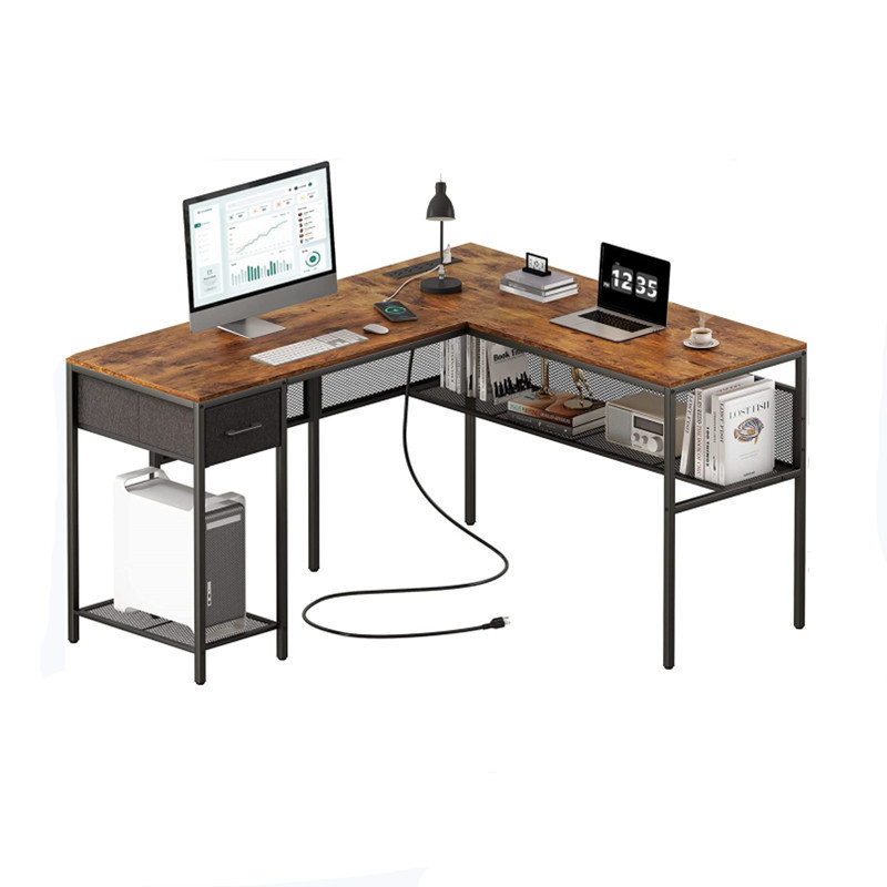 Customizable Amazon Hot Selling L-Shaped Corner Computer Desk Study Office Desk with Storage Space Desk with Host