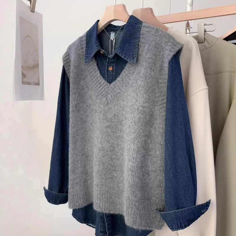 Gray Knitted Vest for Women, Autumn and Winter Loose V-Neck Pullover Sweater Vest, Layered with Denim Shirt